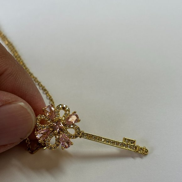 Gold 2 ct Zircon and Rose Quartz Pendant Necklace - Picture 14 of 17